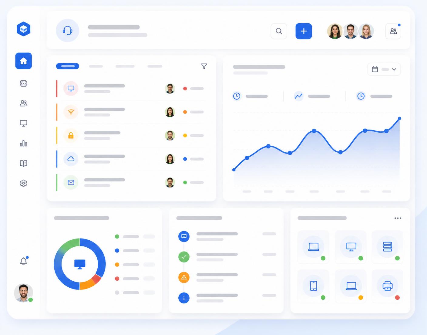 QuickDesk support dashboard showing ticket queue, response times, and device health